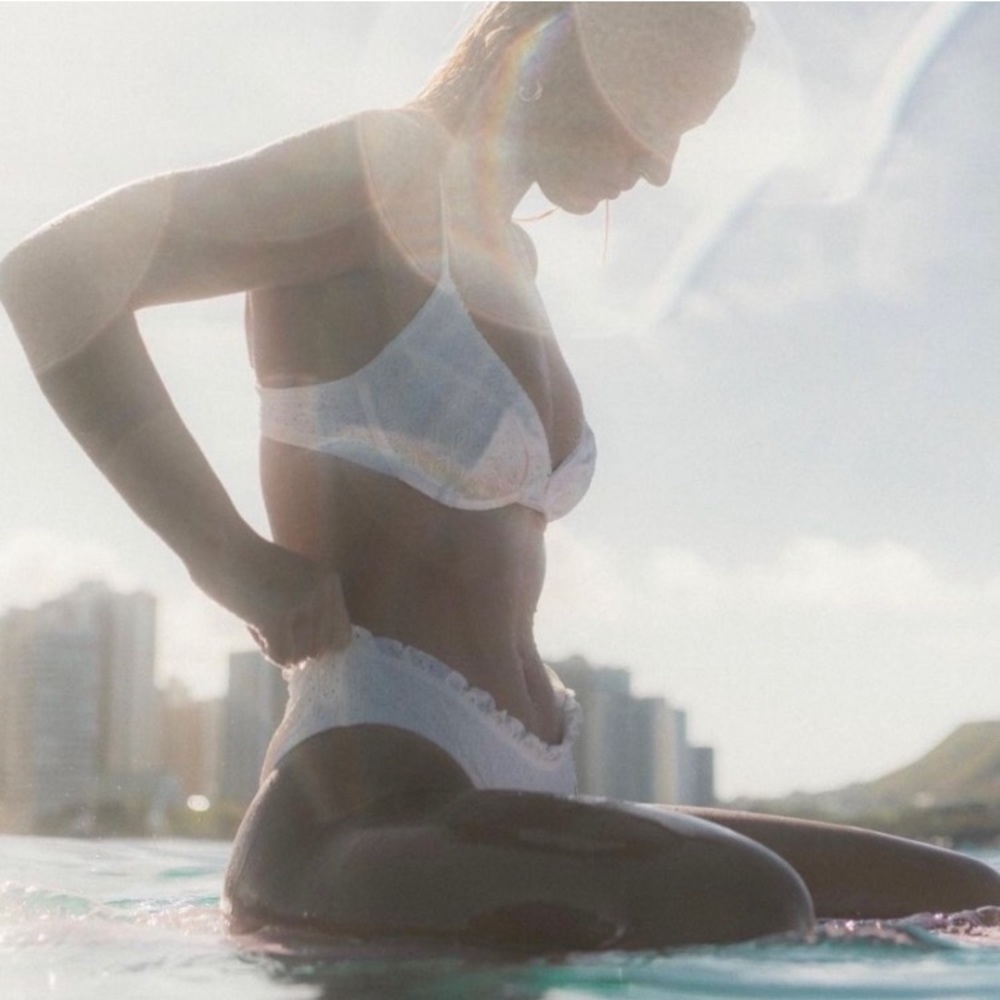 Billabong x Salty Blonde 🌼 White Embroidered Ruffle Cheeky Bondi Bikini Bottom